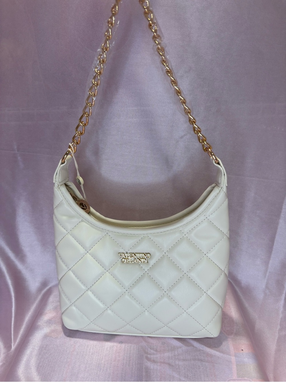 Valentino Orlandi Quilted Cream Shoulder Bag with Gold Chain Strap
